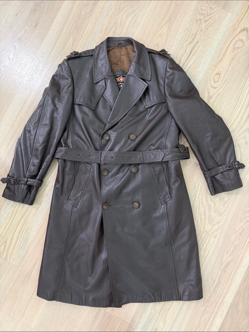 Vintage 70s Cortefiel Spain Brown Leather Double Breasted Trench Coat Belted 42